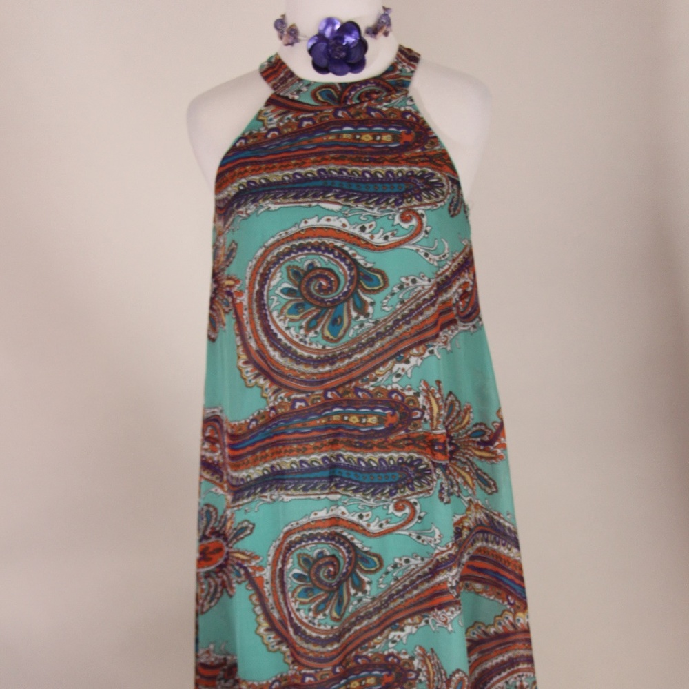 BAILEY BLUE Teal & Purple Paisley Halter Dress
